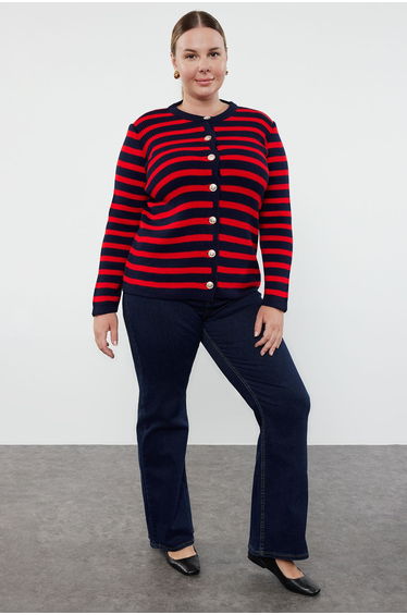 Navy Blue-Red Knitwear Plus Size Cardigan