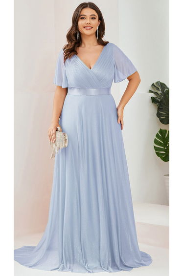ever LIORÉ|Plus Size V Neck Ribbon Waist Formal Evening Dress With Sleeves