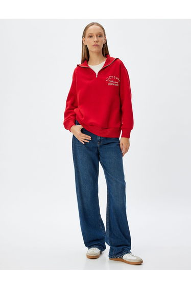 Half Zipper Sweatshirt College Embroidered Stand Collar Piping Raised