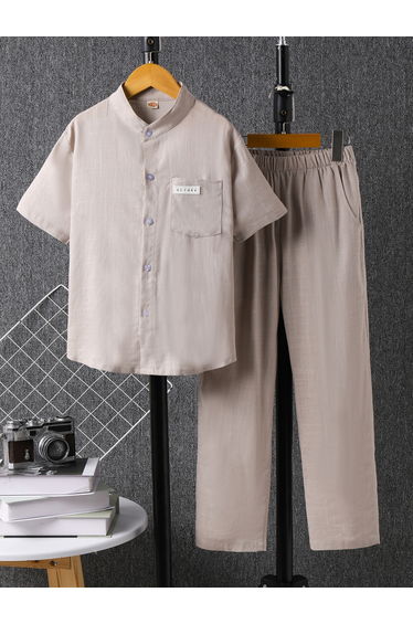 Boys Beige Linen-Look Shirt and Trousers Set
