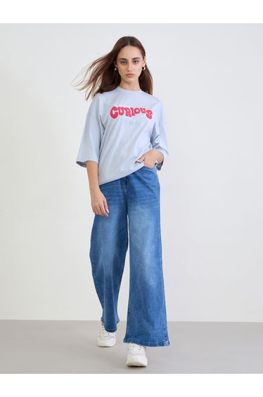 Blue Slogan Print Oversized T-Shirt