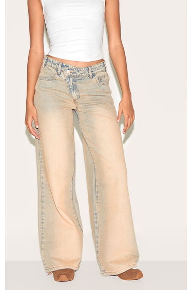 Stone Washed Asymmetrical Waistband Wide Leg Jeans