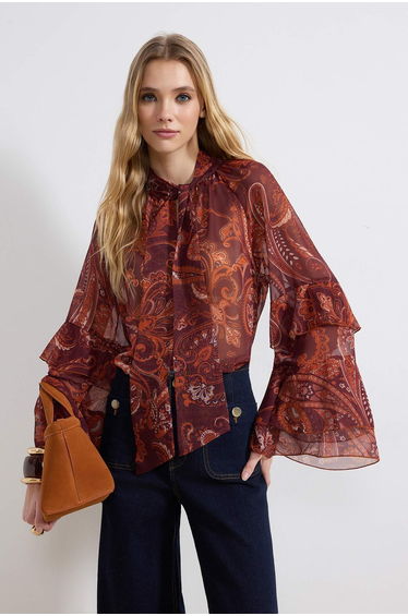 Burgundy Shawl Patterned Ruffled Sleeves Boho See-Through Chiffon Blouse
