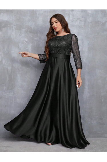 Leely Plus Women's Elegant Round Neck Three Quarter Length Sleeve Party Dresses