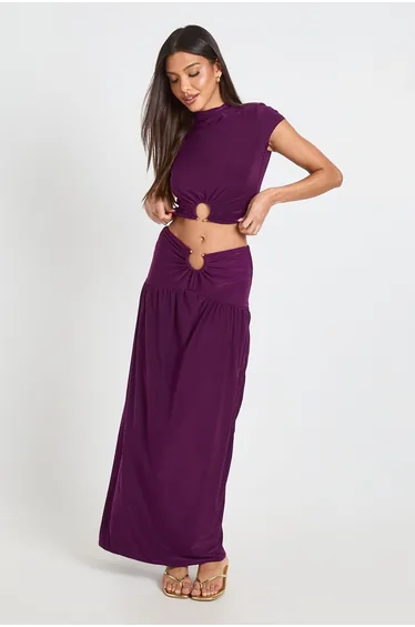 Double Layer Slinky Ruched Maxi Skirt with Ring Trim - plum