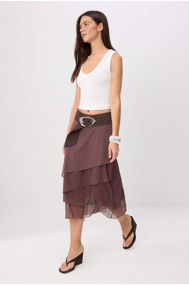 Brown Ruffle Abstract Patterned Knitted Skirt