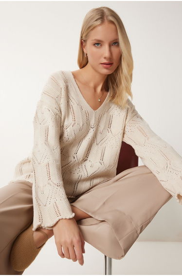 Women's Cream V Neck Openwork Knitwear Sweater