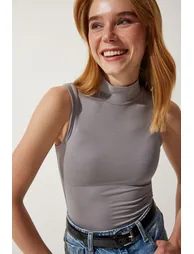 Women's Gray High Neck Sleeveless Viscose Knitted Top - 2