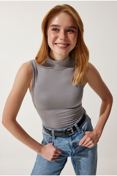 Women's Gray High Neck Sleeveless Viscose Knitted Top