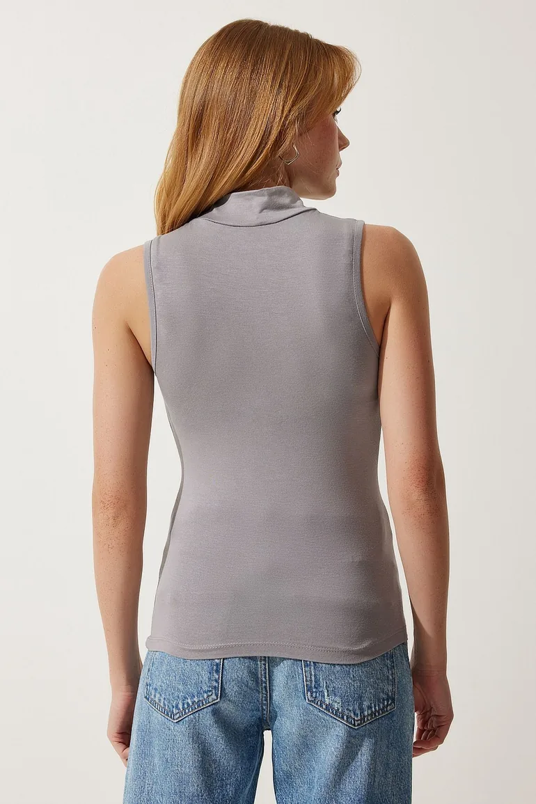 Women's Gray High Neck Sleeveless Viscose Knitted Top - 4