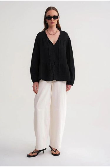Mixray Long Sleeve Relaxed Fit Blouse with Tie-Neck