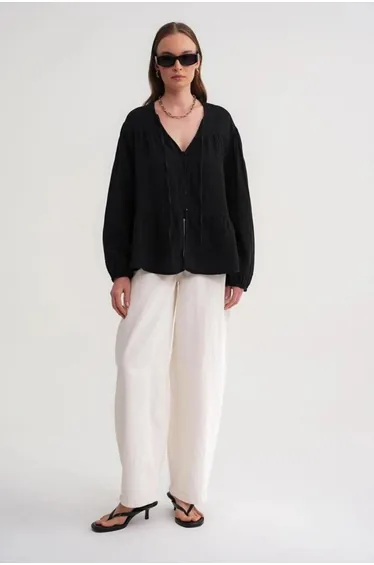 Mixray Long Sleeve Relaxed Fit Blouse with Tie-Neck