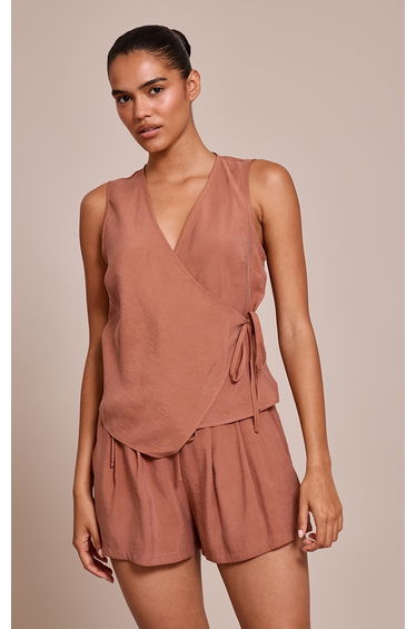 Chesnut Woven Side Tie Plunge Top