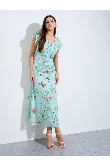 Green Floral Print V Neck Maxi Dress