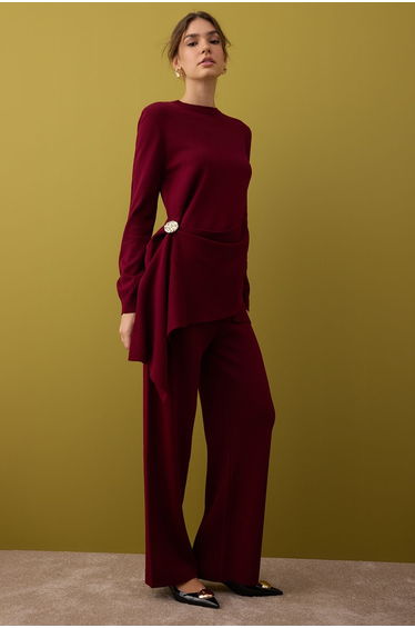 Claret Red Regular Double Plain Knitwear Hijab Top - Bottom Set