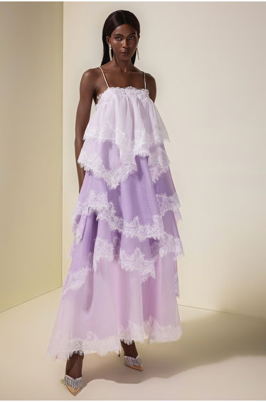 Chiffon Gradient Color Lace Maxi Dress