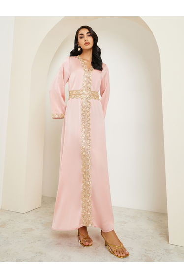 Women Peach Gold Embroidery Kaftan