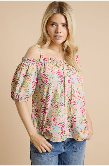 Multi Tie Front Cold Shoulder Long Sleeve Top