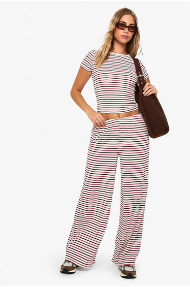 Stripe Tie Waist Wide Leg Trouser - red