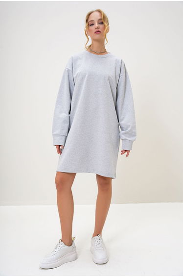 Women's Grey Melange Crew Neck Sweatshirt Dress