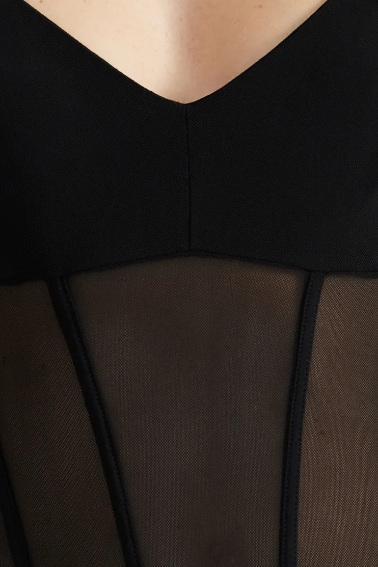 Black Fitted Knitted Corset Detailed Tulle Bodysuit - 3