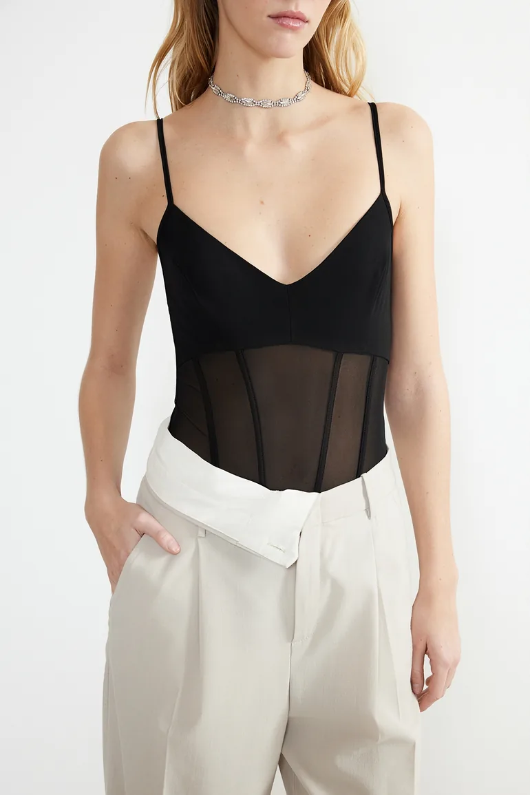 Black Fitted Knitted Corset Detailed Tulle Bodysuit - 4