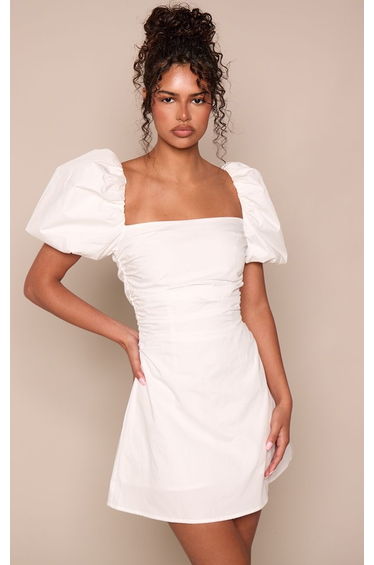 White Woven Straight Neck Puff Sleeve Mini Dress