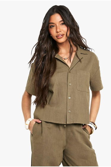 Linen Look Short Sleeve Shirt - khaki