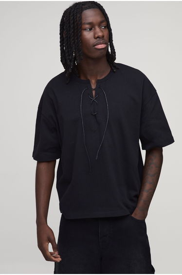 Oversized Boxy Drawcord V Neck T-Shirt - black