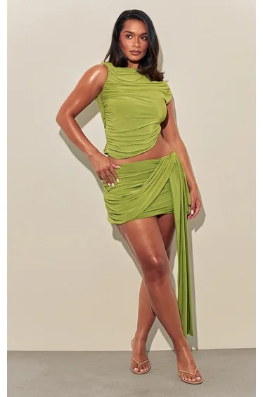 Shape Green Slinky Double Layered Ruched Side Mini Skirt