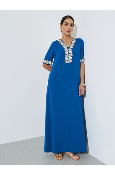 Blue Floral Lace Trim V Neck Jalabiya