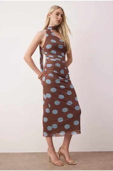 Dark Brown with Blue Polka Dots and Tie-Down Detailed Midi Knit Dress