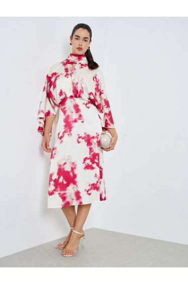 Women Pink Satin Bell Sleeves Sheath Midi Dress