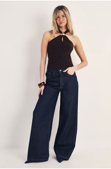 Knitted Fine Gauge Metal Trim Halterneck Top