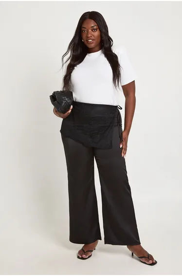 Plus Lace Skirt Overlay Wide Leg Satin Trousers - black