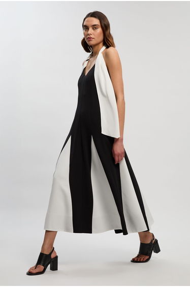 Soft Tailored Colour Block Detail Halter Neck Maxi Dress