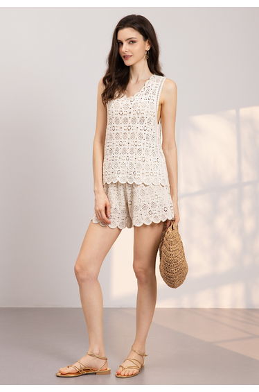 Scalloped Edge Pointelle Crochet Top and Shorts Set for Beach Vacation & Casual Weekend