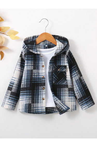 Boys Checked Hoodie Button Front Jacket
