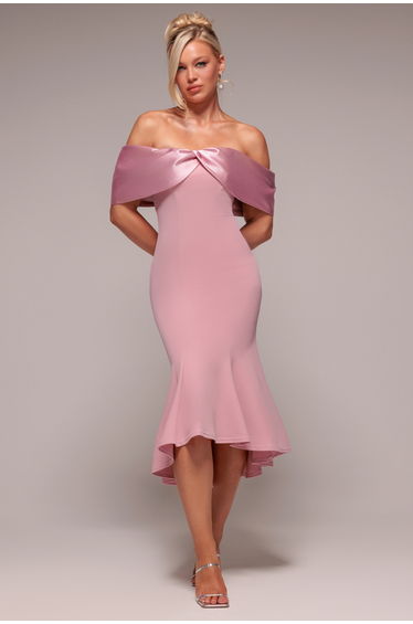 Goddiva Twist Knot Satin & Scuba Bardot High Low Midi Dress - Blush Pink