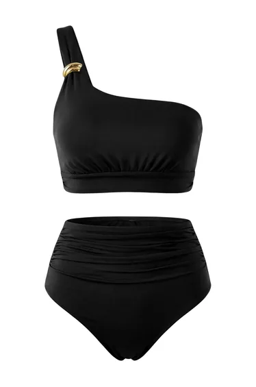 Black*001 Plain One-Shoulder Accessory Diving/Scuba High-Waist Bikini Set