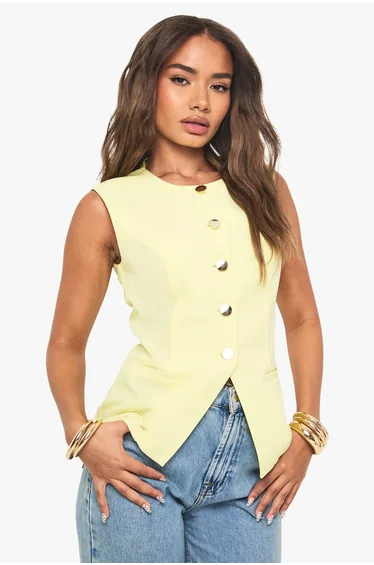Gold Button Tailored Waistcoat - lemon