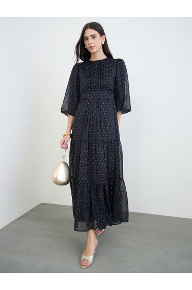 Black Lurex Dobby 3/4 Sleeves Tiered Maxi Dress
