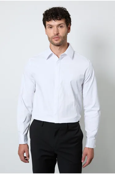 White Concealed Placket Double Cuff Slim Fit Shirt