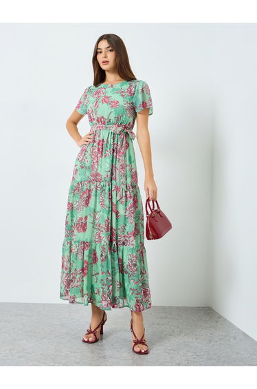 Women Green Floral Print Tiered Maxi Dress