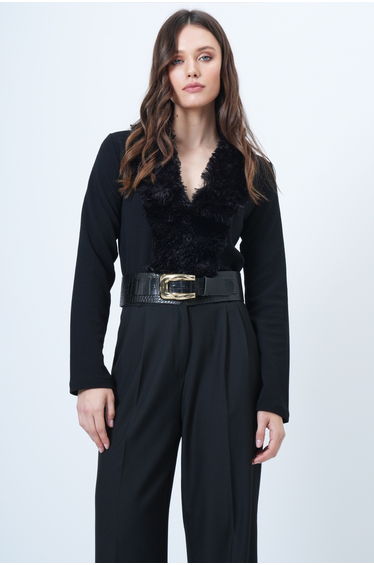Women's Black Collar Plush Detailed Knitted Blouse