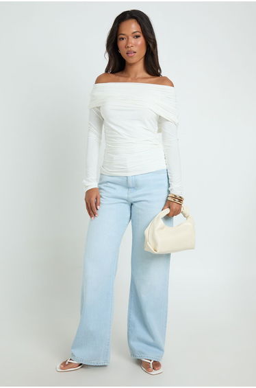 Fold Over Neck Long Sleeve Top - ivory