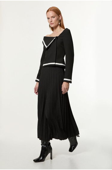Compact Stretch Asymmetric Neck Colour Block Pleated Tailored Midaxi Dress