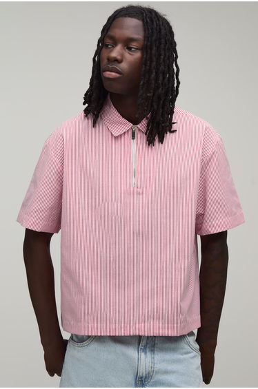 Oversized Boxy Stripe Quarter Zip Shirt - red