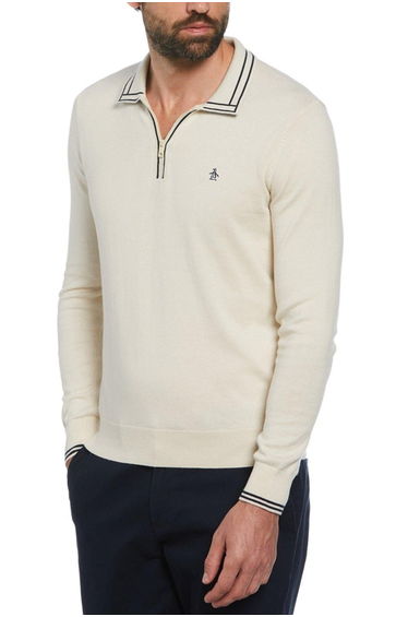 Long Sleeve Knit Polo Ecru
