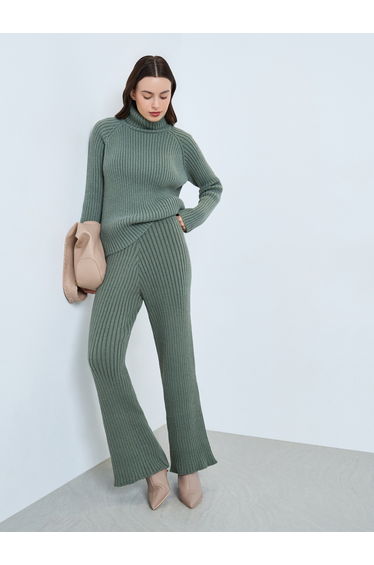 Green Ribbed Knit Straight Leg Pants